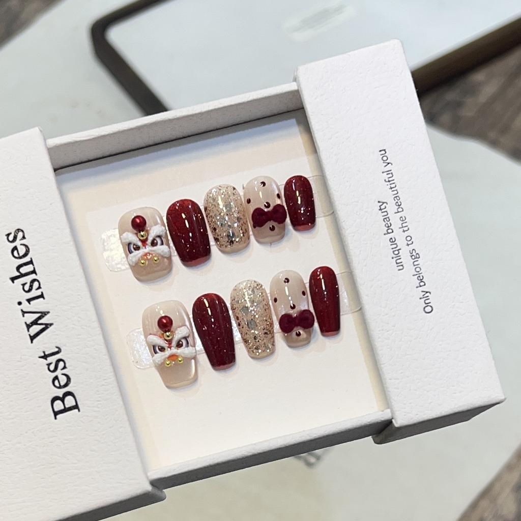 Plush Bow Hongyun Head-drawn Lion Art Manicure Wear Short Nail Art Sticker Removable Reusable Nail Piece