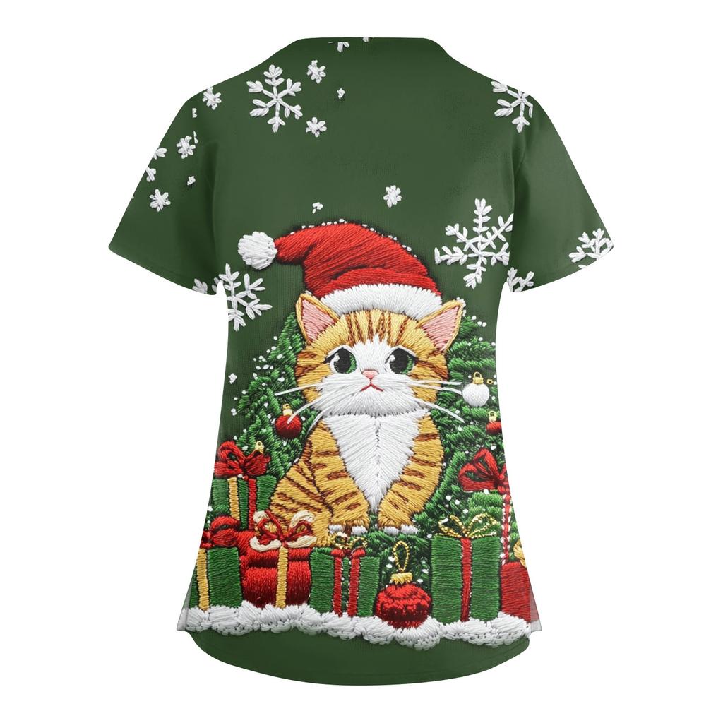 Damen Modische V-Ausschnitt Arbeitskleidung Weihnachten Bedruckt Kurzärmlig Tasche Seitenschlitz Arbeitskleidung Basic Pullover Top