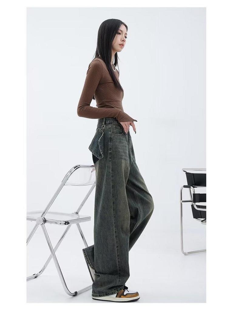 2025 Autumn/Winter Distressed High-Waisted Straight-Leg Women's Wide-Leg Jeans