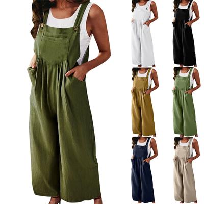 Women's Summer Casual Color Sleeveless Sling Pocket Wide Leg Side Button Jumpsuit