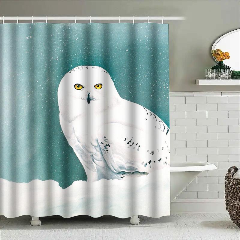 Winter Snow Owl Bathing Set White Waterfall Print Shower Curtain for Bathroom Decor Home Decoration Waterproof Fabric with Hooks