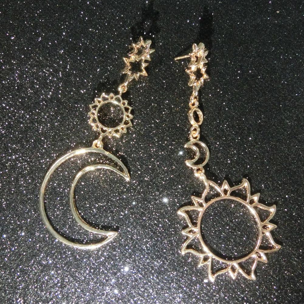 Women Stylish Sun Moon Asymmetric Earrings Simple Long Tassel Earrings