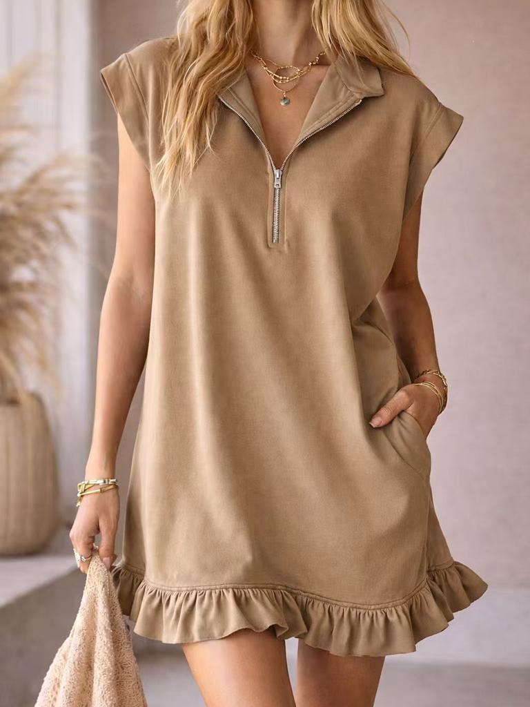 Summer New Arrivals Sleeveless Double Pocket Dress with Zipper V-Neck Ruffles A-Line