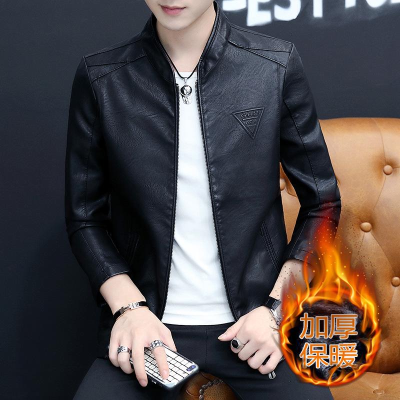 Hot Sale Autumn and Winter New Men's Inverted Triangle Casual Fashion Stand-Up Collar Fleece Leather Jacket Thickened Jacket