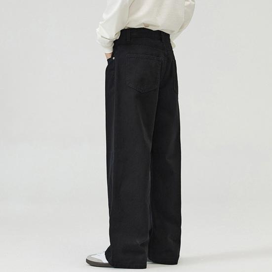 Men Pants Solid Color Straight Wide Leg Retro Style Pants with Pockets Zippered Trousers for Daily Home Streetwear Sports