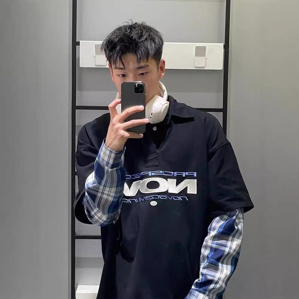 

Plaid Fake Two-piece Sweater Men s Autumn Long-sleeved Polo Shirt T-shirt Design Sense Niche Coat XXL чёрный