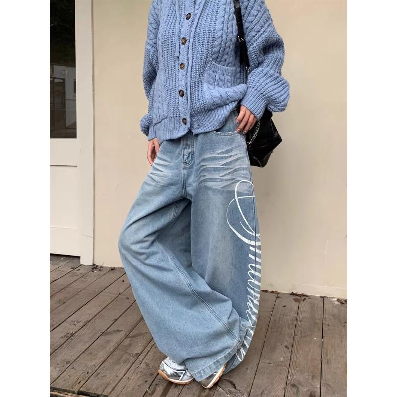 Autumn Men's Letter Printed Straight-Leg Baggy Jeans Hip Hop Fashion Washed Denim Pantalones American Retro Y2K Streetwear Jean