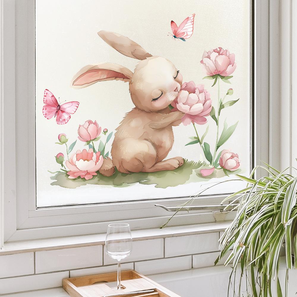 Ostern Aquarell Cartoon Hase Blume Statisch Haftend UV Fensteraufkleber Selbstklebend für Glasfen Heimdekoration