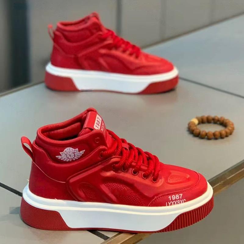 Winter new thick-soled high-top board shoes single cotton leather perforated casual shoes ok