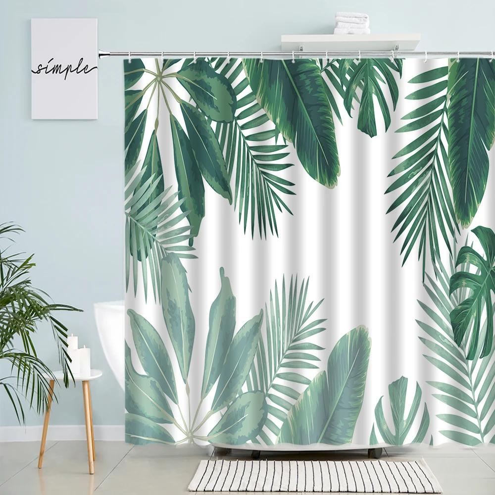 Tropisk Grön Växt Palmblad Badrum Duschdraperier Sommar Djungel Tyg Vattentätt Krokar Hängande Draperi Badskärm Dekor