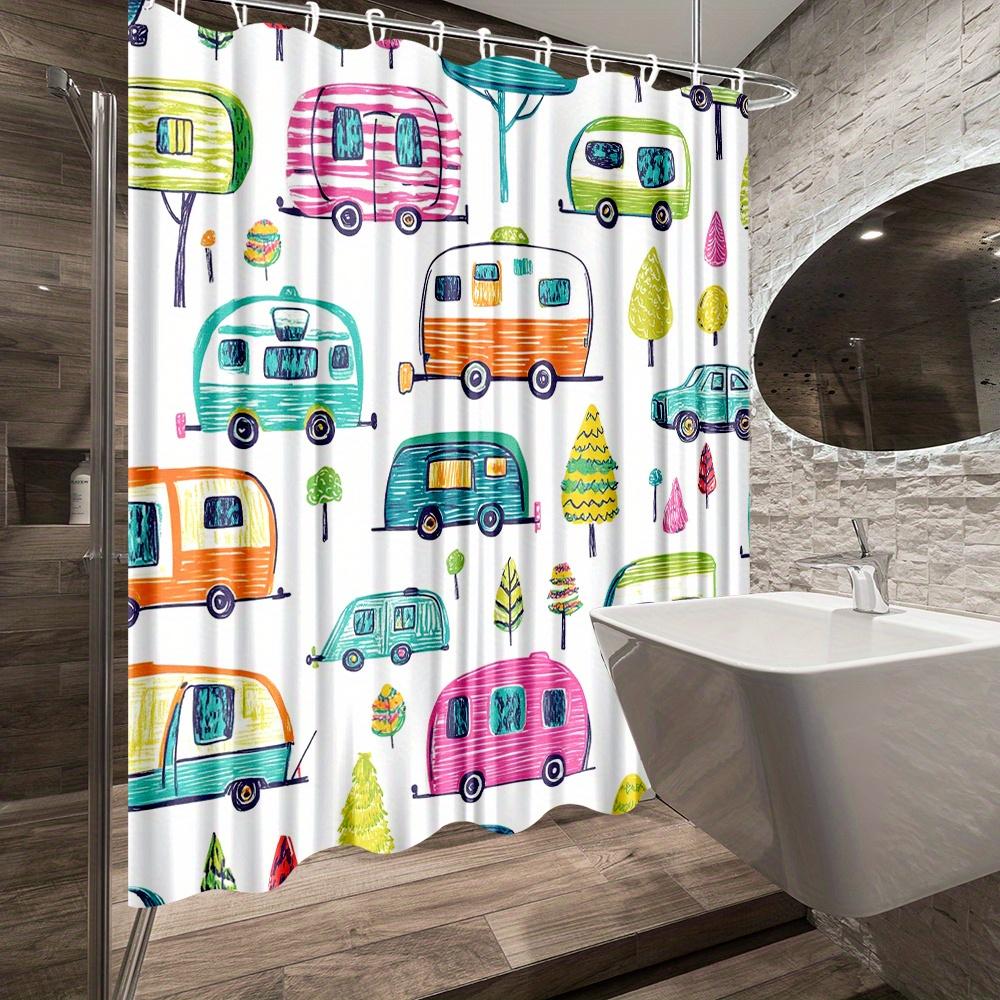 Colorful Camper Van Travel Pattern Shower Curtain Machine Washable All Season Waterproof Privacy Protection Cartoon Designmodern