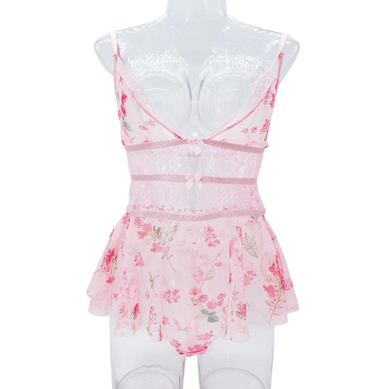 Erotic Transparent V-neck Sexy Nightdress For Women Floral Printed Lace Lingerie Pajamas Mini Dress Sexy Seamless Lingerie
