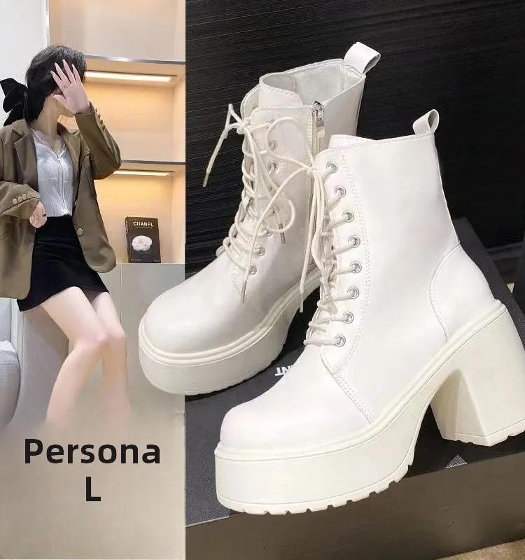 Fashion Round Toe Thi Heel  Boots Women's High Heel Waterproof Platform Ort Boots Small Size Retro White Soft Leather Boots