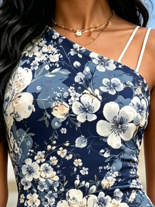 Summer Women's One Shoulder Midi Dress Floral Print Navy Blue Bodycon Sundress