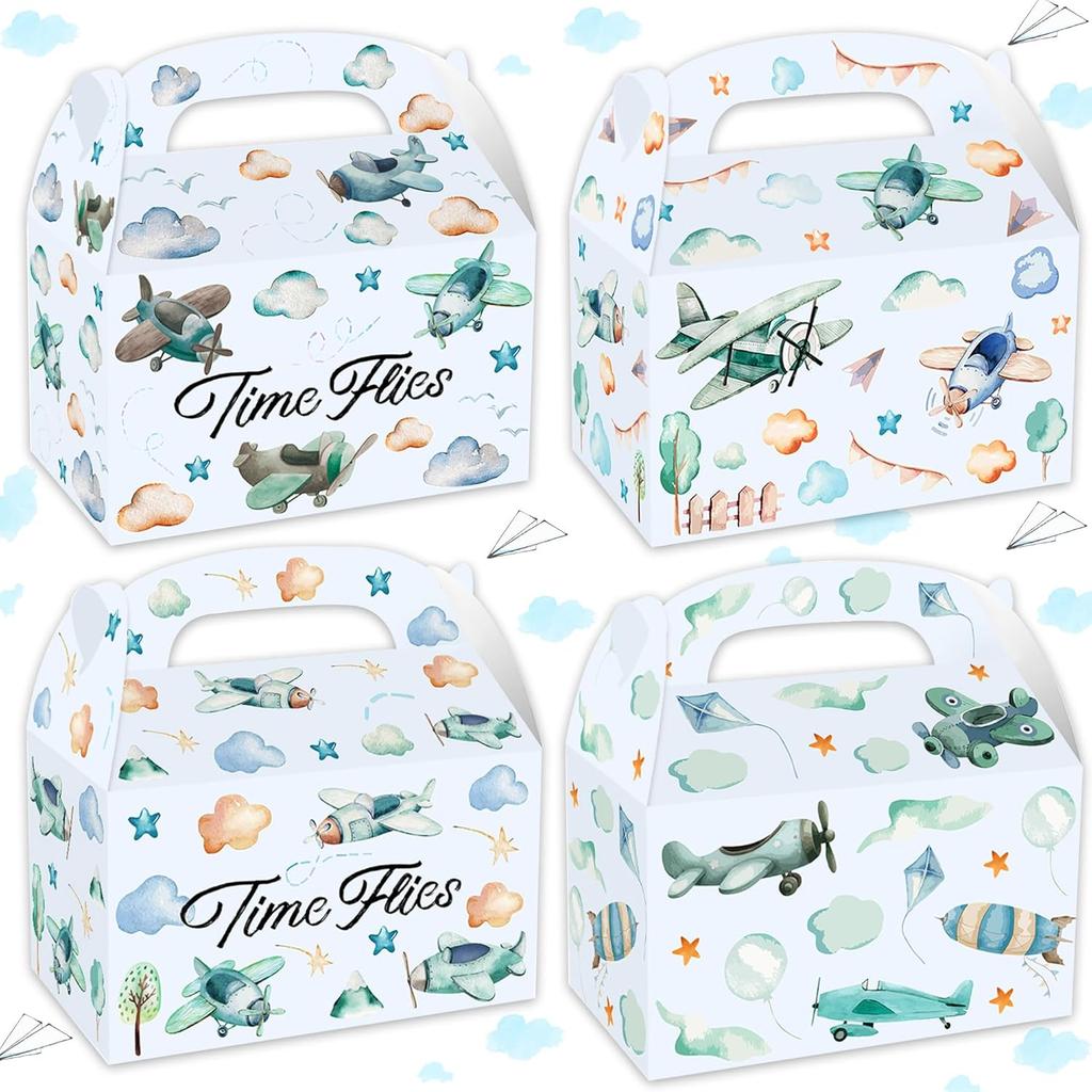 12 PCS Airplane Party Treat Boxes Birthday Decorations Plane Themed Party Favor Gift Box Bags Goodie Candy for Time Flies 1st Birthday Baby Shower