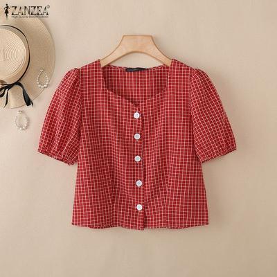 Women Casual Square Collar Summer Half Sleeve Plaid Print Blouse