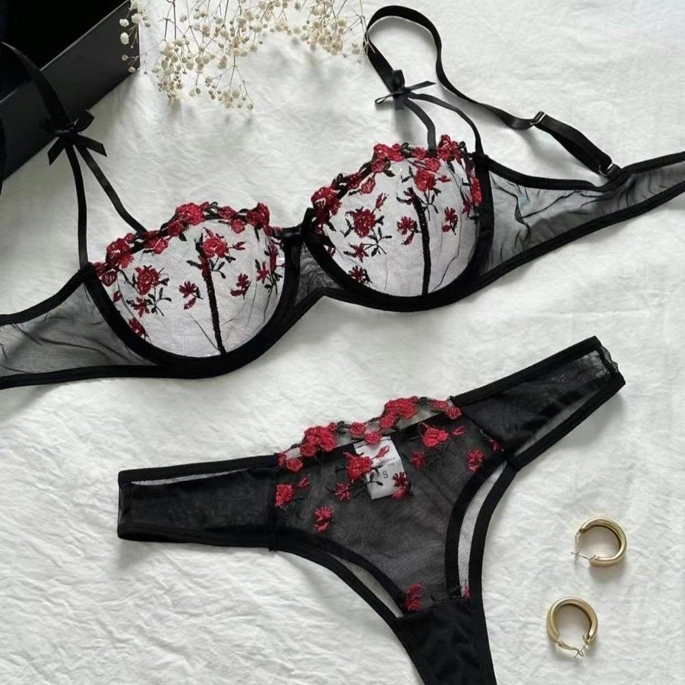 2pcs Set Sexy Bra Panties Set Mesh Push Up Bra Women Sweet Lace Flower Bra Girl