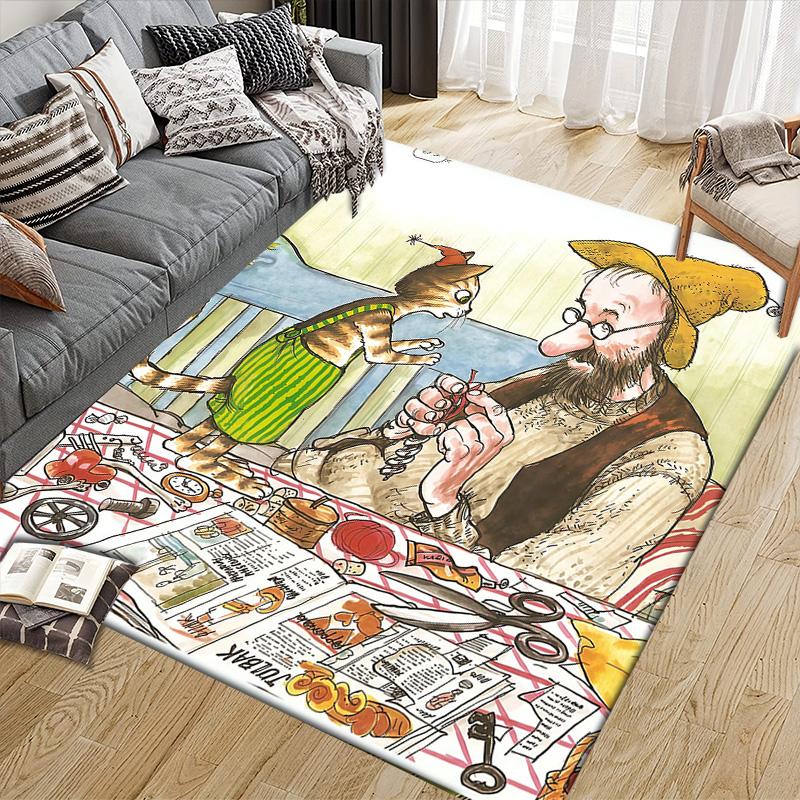 Pettson and Findus Flannel Pattern Square Carpet,Area Rug,Carpet Rug for Living Room Bedroom Sofa Playroom Decor,Non-slip Floor Mat