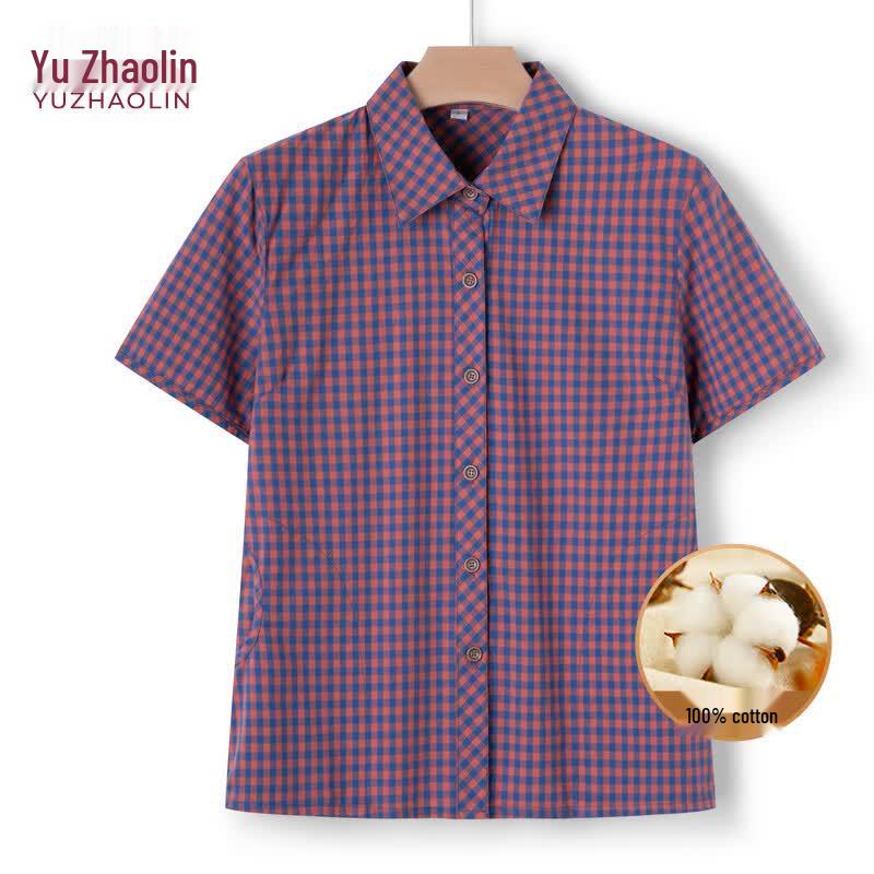 YUZHAOLIN Women's Plaid 100% Cotton Short-Sleeve Shirt