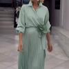Women Dress Lapel V-Neck Long Sleeve Lace-up High Waist Long Dress Solid Color Pleated Hem Shirt Dress