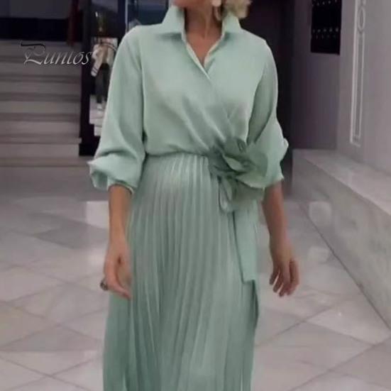 Women Dress Lapel V-Neck Long Sleeve Lace-up High Waist Long Dress Solid Color Pleated Hem Shirt Dress