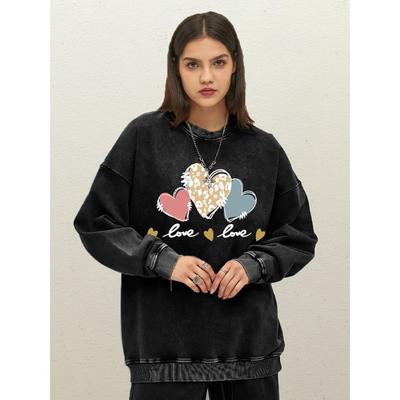Pinker Leopardenmuster Herz Kombination Frau Gewaschenes Sweatshirt Baumwolle Sportbekleidung Vintage Rundhals Kleidung Herbst Locker