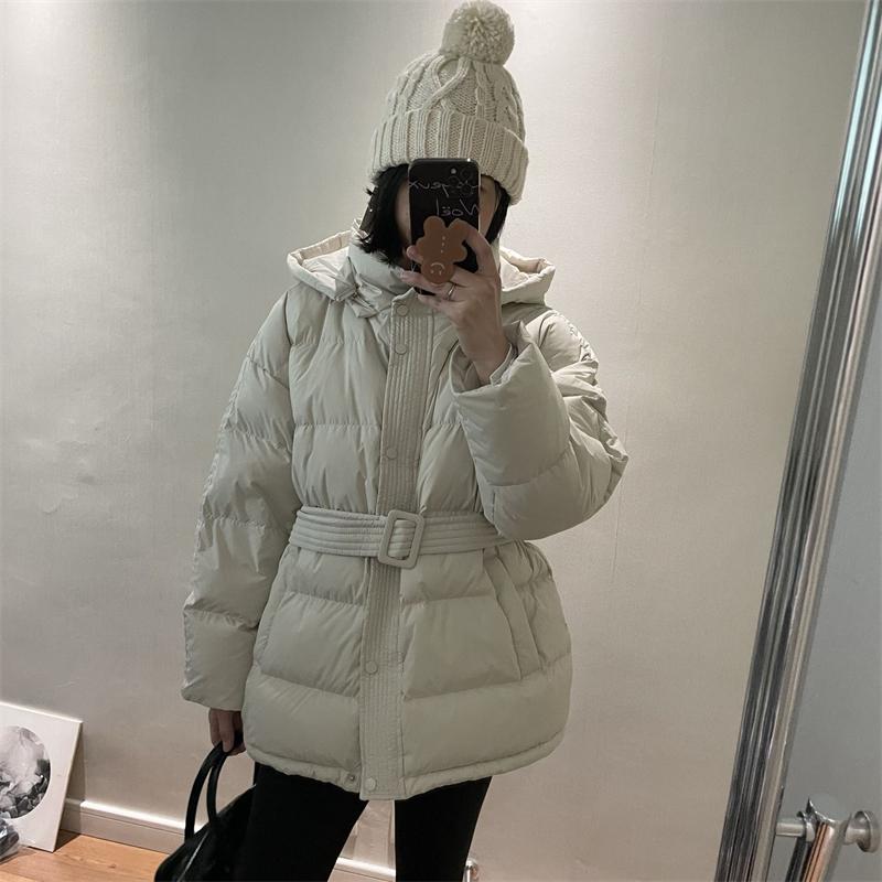 Women Autumn Winter Hooded Cotton Padded Jackets with Belt Solid Female Thin Windproof Puffer Coat Loose Snow Overcoat