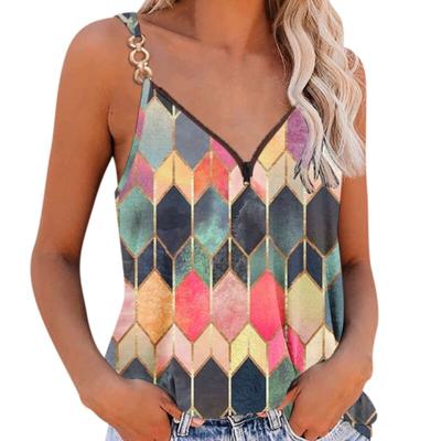 2023 Summer Sleeveless Zip Print Tank Top For Women Fashion Loose Casual V Neck Shirt Elegant Vest Clothing 25562