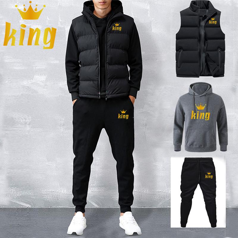 Men Women Spring and Autumn Solid Color Printed Hoodie 3 Piece Set Couple Hoodie + Vest + Pants Sportswear Set