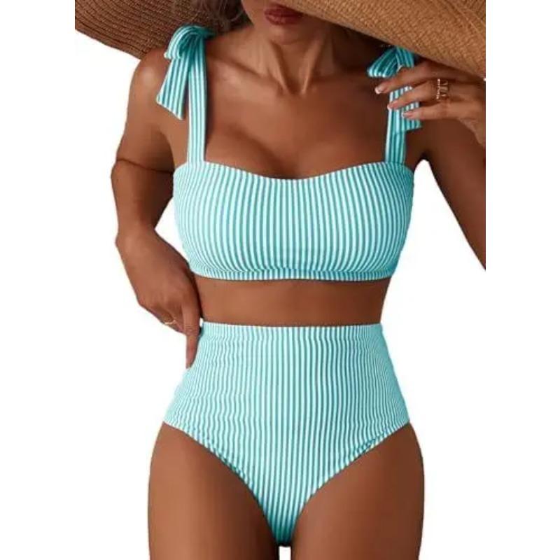 Women Two-piece Halter Vest Swimwear Sexy Striped Ruffle High Waisted Bikinis Set Female Bathing Suit Tie Strap Beachwear