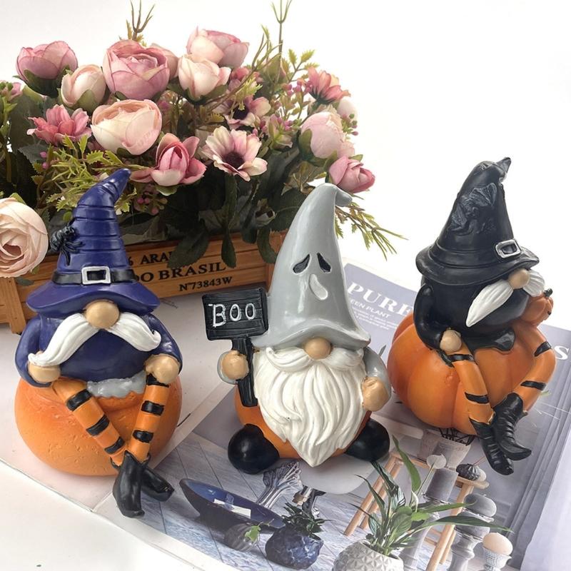 Halloween Pumpkin Gnomes with Witch Hat Miniature Ornament Resins Craft Figurine Ornament for Home Garden Decoration