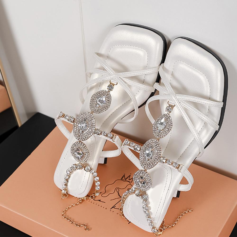 Summer Light Luxury Rhinestone Chain Roman Sandals Banquet Shoes Square Head T-shaped with High Heels Open-toed Sandals Large Size