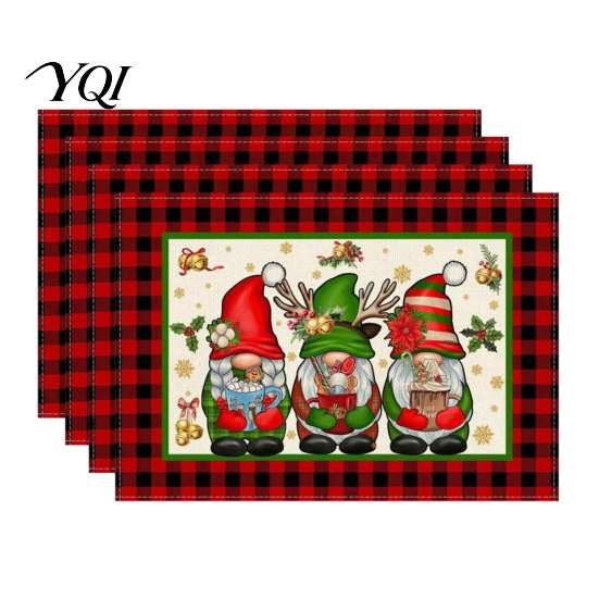 Linen Placemat Set 4Pcs Christmas Set, Cartoon Snowman Gingerbread Gnome Table Heat Insulation Pads Mat, Resistant Place Mat for Holiday Party
