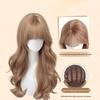 Korean Style Champagne Blonde Full Head Wig - Long Curly Hair with Blunt Bangs, Natural Seamless Fit, Big Waves, Light Gold Shade.