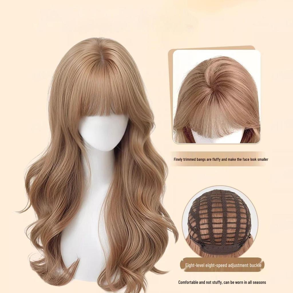 Korean Style Champagne Blonde Full Head Wig - Long Curly Hair with Blunt Bangs, Natural Seamless Fit, Big Waves, Light Gold Shade.