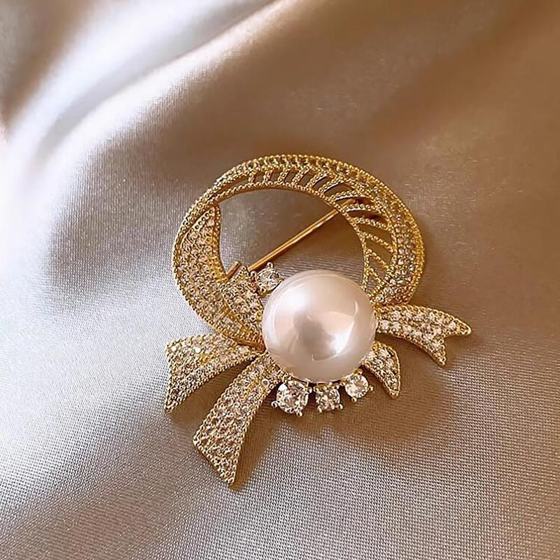 Exquisite Elegant Circular Bow Ribbon Pearl Brooches For Women Clothing Coat Jewelry Accessories