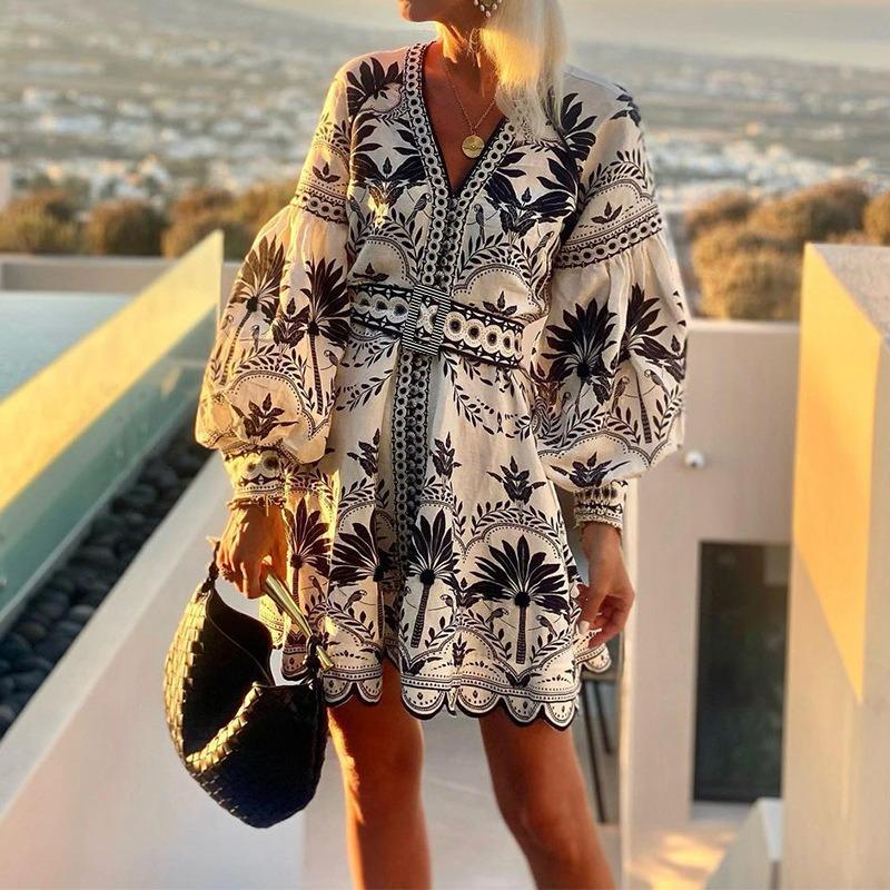 Spring and Autumn New Women's Fashion Printed Beach Loose Short Dress