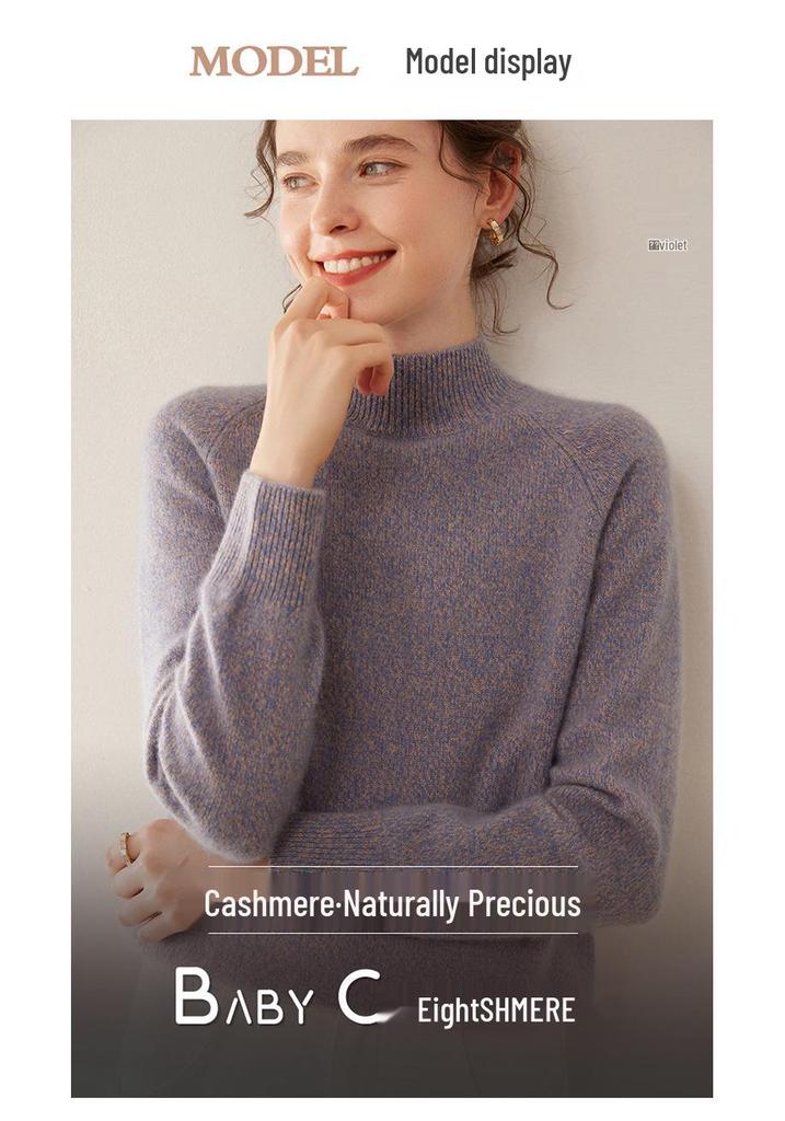 Women's Cashmere Floral Raglan Sweater, Double-Ply, Half-High Collar, Luxurious Knit