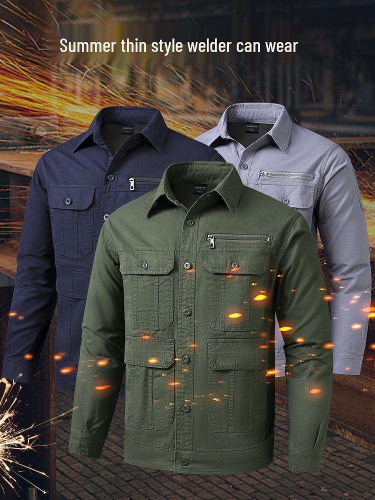 Conjunto de Roupa de Trabalho de Verão para Homem em Sarja de Algodão - Leve, Corte Solto com Design Multibolsos para Soldadores