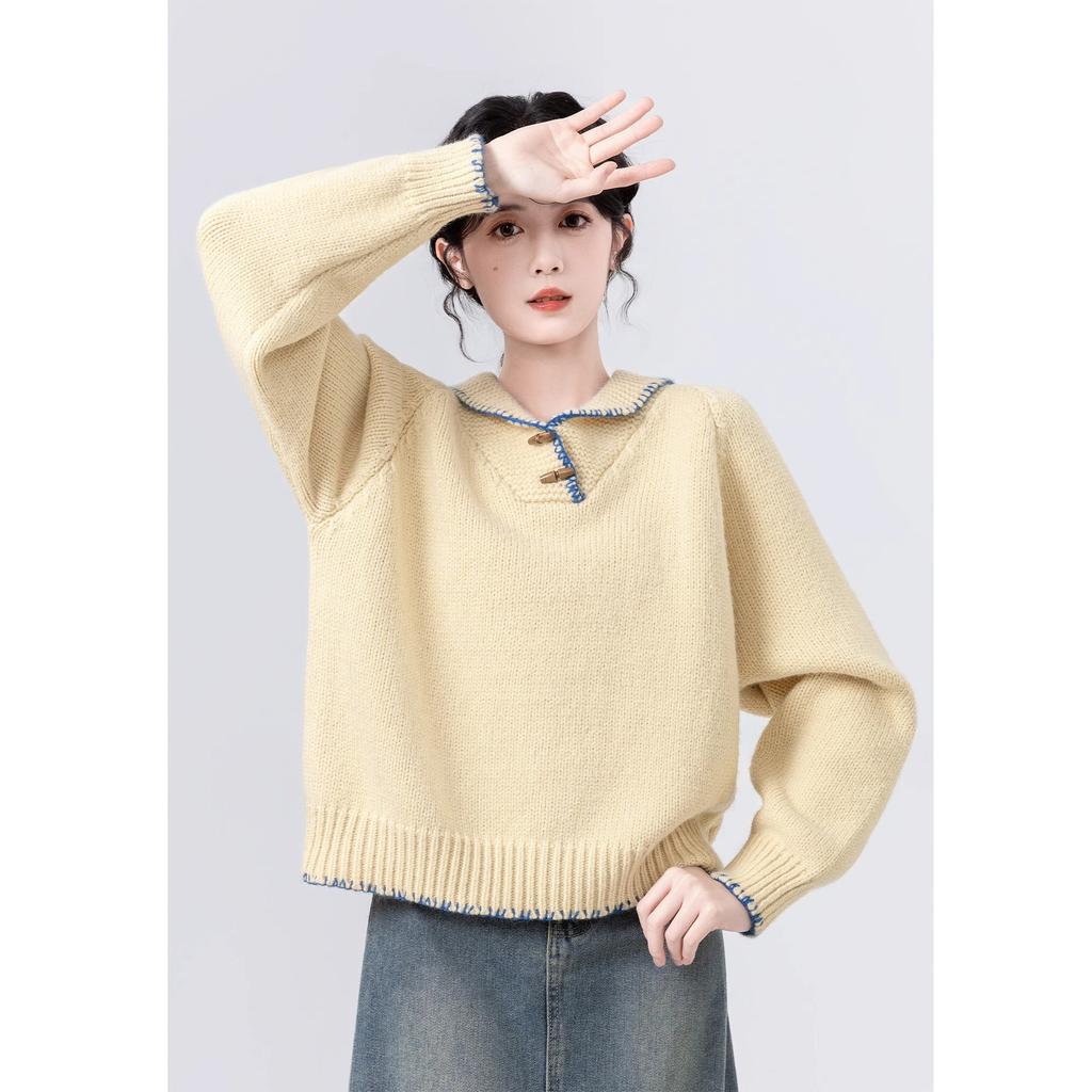 Gelber Reverskragen Damen Strickpullover Einzigartige Schnalle Modisches Damenoberteil Koreanischer Lässiger Lockerer Pullover