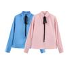Kaslead New Arrival Women's Fashion Style Fashion Satin Chiffon Flounce Trim Lace up Long Sleeves Shirt