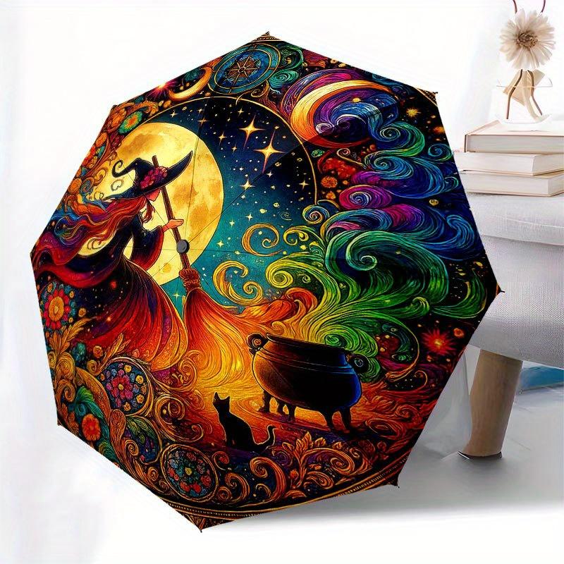 Enchanted Moonlit Witch Art Print, Mystical Night Sky Decor Umbrella, Cute Umbrella with Cute Design, Portable 3-Fold Compact Umbrella for Men & Women