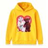 Kids hooded sweatshirt with cute white cartoon creature and brown teddy bear inside heart print,soft fabric loose fit, great for daily casual outfits.