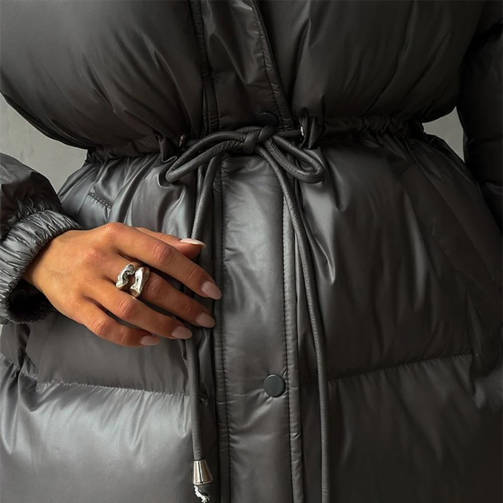 Women's Hooded Down Jacket Drawstring Waist Warm Parker Coat Solid Pocket Zipper Outwear Thicken Long Sleeves Coats