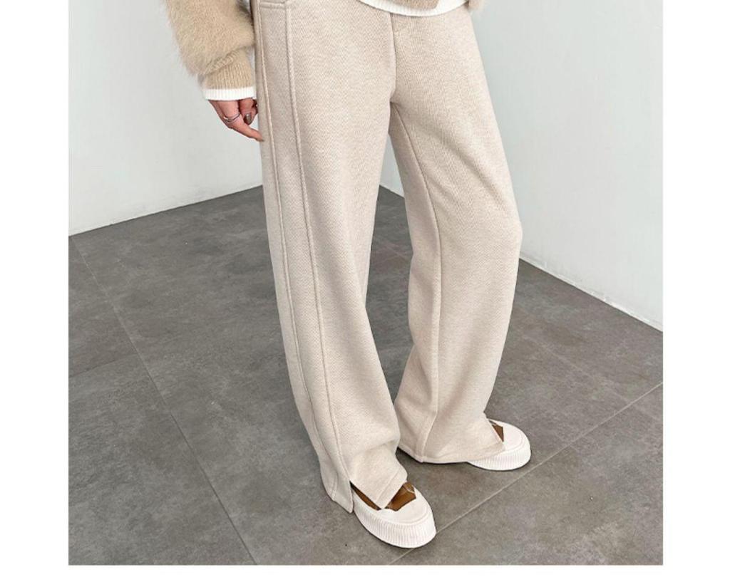 Calças Femininas 2024 Espinha de Peixe Lã Forradas com Lã Fenda Perna Reta para Outono/Inverno Casual