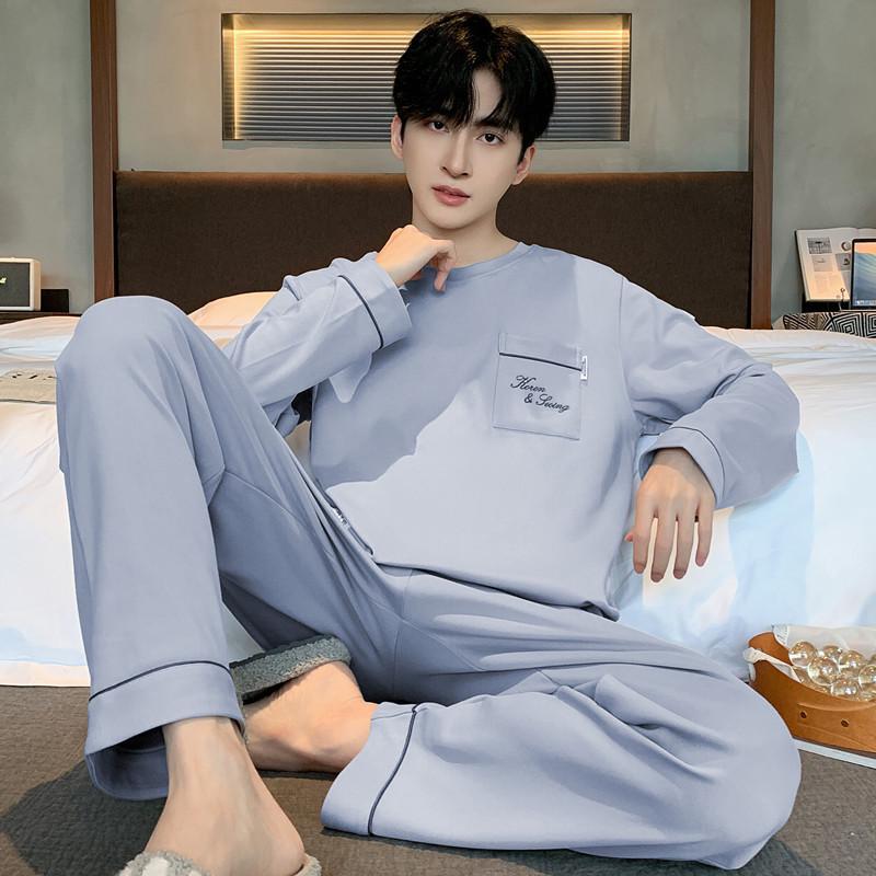 Męski bawełniany zestaw piżamowy z długim rękawem - Casualowy, luźny krój, plus size, styl koreański na jesień i wiosnę