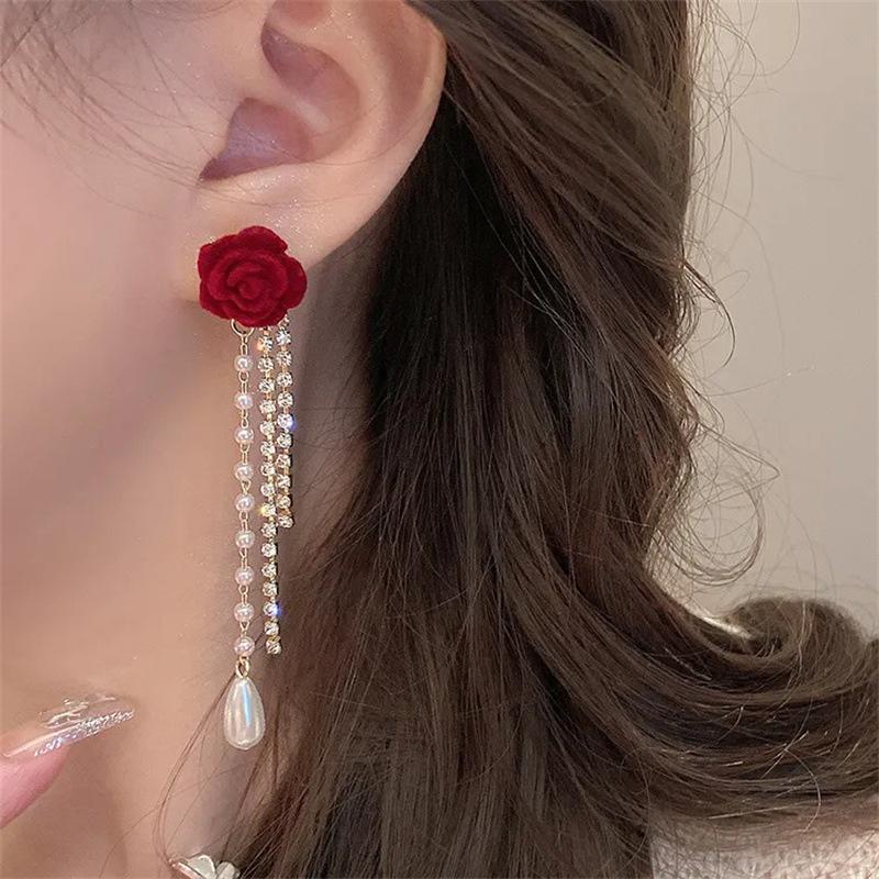 Wine Red Flocking Bow Pearl Tassel Earrings For Women Elegant Trending Luxury Red Rose Flower Long Tassel Earrings Jewelry Gifts