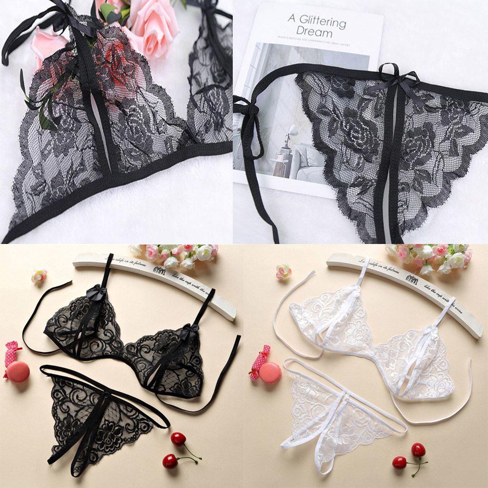 Transparent Thong Floral Panty Women Bra Lace Lingerie Open Cup