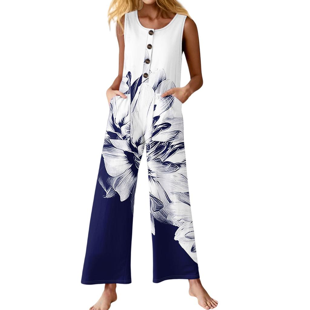 Women's Fashion Casual Button Sleeveless Jumpsuit Floral Flower Print Cotton Pocket Jumpsuit