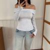 Womens Off The Shoulder Tops Fold Over Double Lined Long Sleeve T Shirts Slim Fitted Stretchy Crop Top